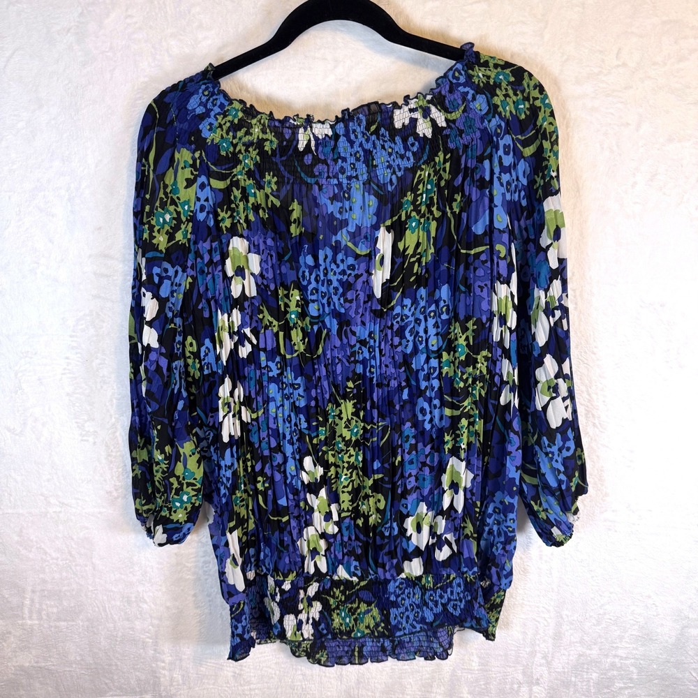 Avenue Blouse Floral Smocked Pleated Peasant 18/20 Blue Plus Size Women‎